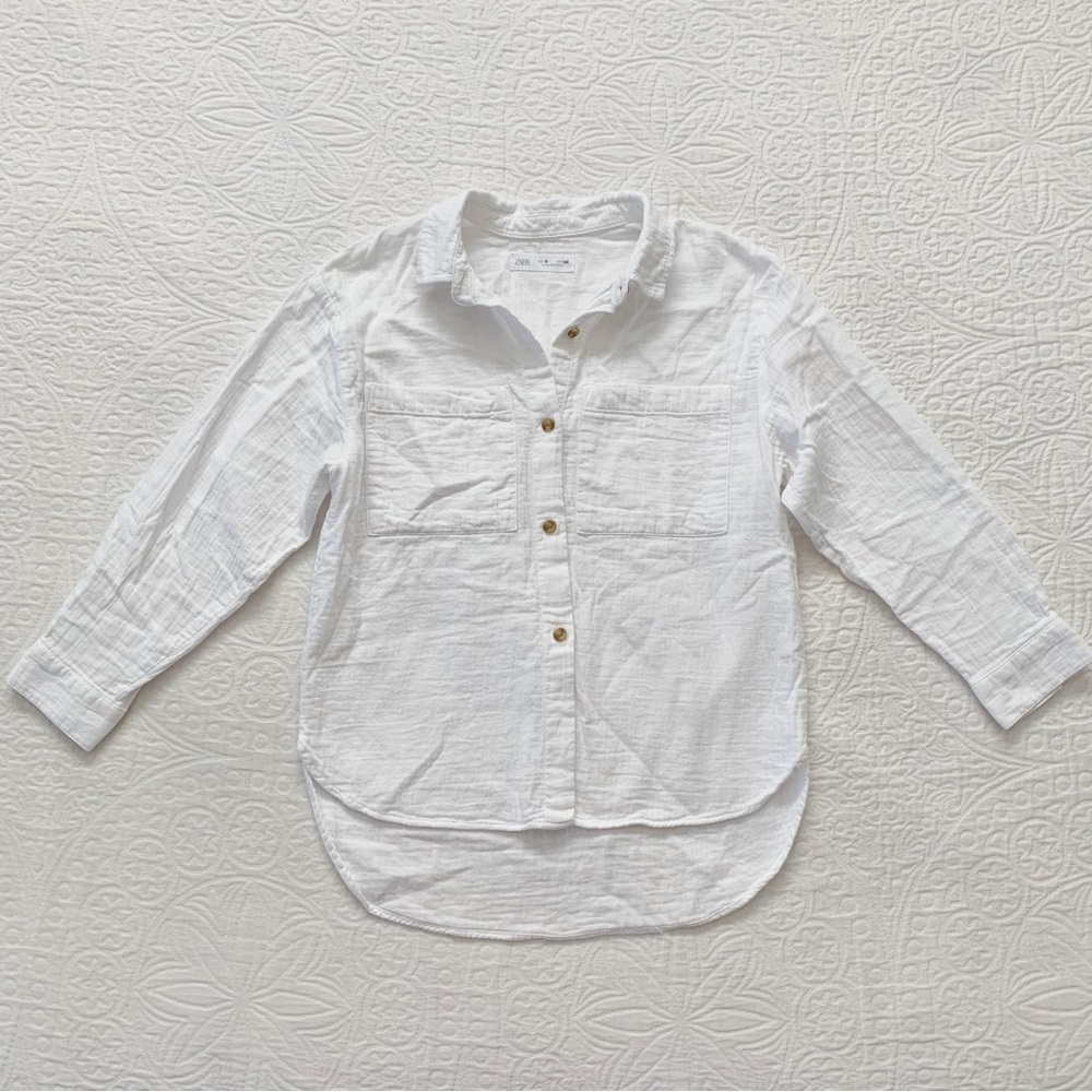 Zara Girls' Oversized Gauze Textured High Low Button Down Shirt, White (Sz 9)